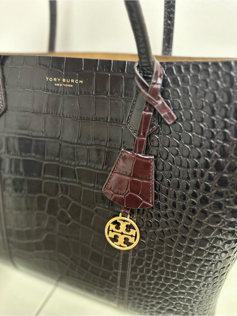 Tory Burch Croc-Embossed Dark Brown Tote with Gold Logo Charm - Picture 2 of 10